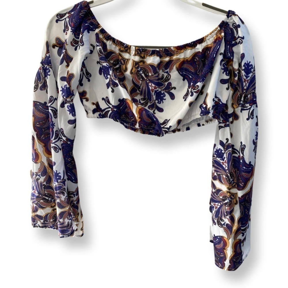 Pretty Little Thing Paisley Printed Bardot Long Sleeve Crop Top Size 8